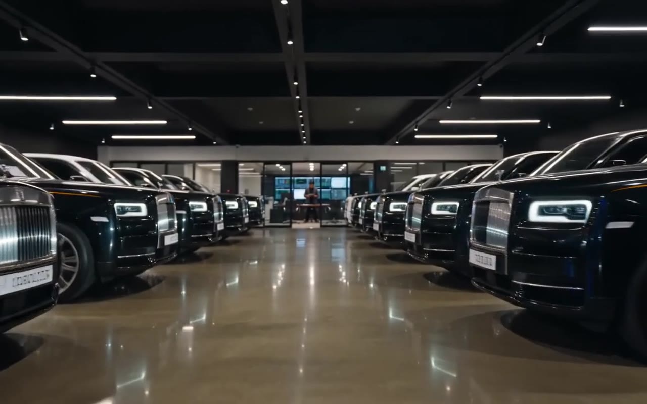 Rows of luxury fleet vehicles in a Dubai facility