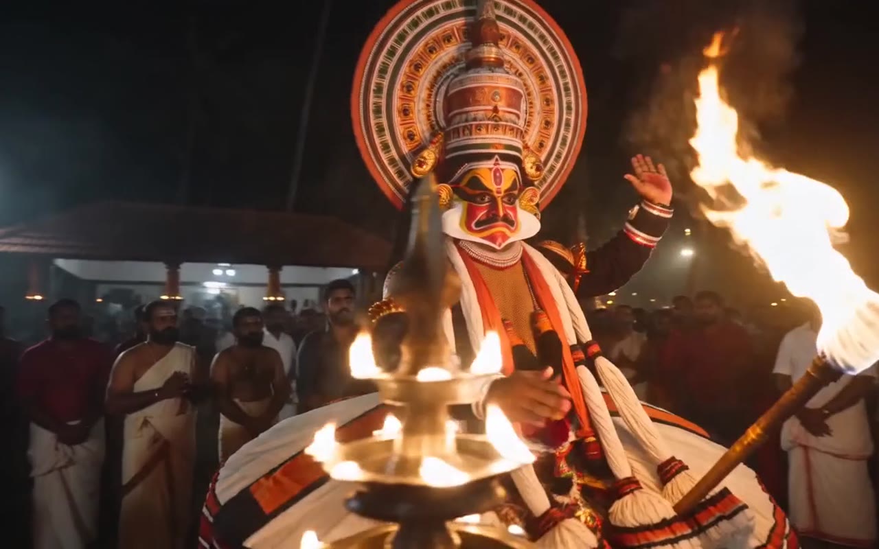 Theyyam performer by firelight at a North Kerala temple festival